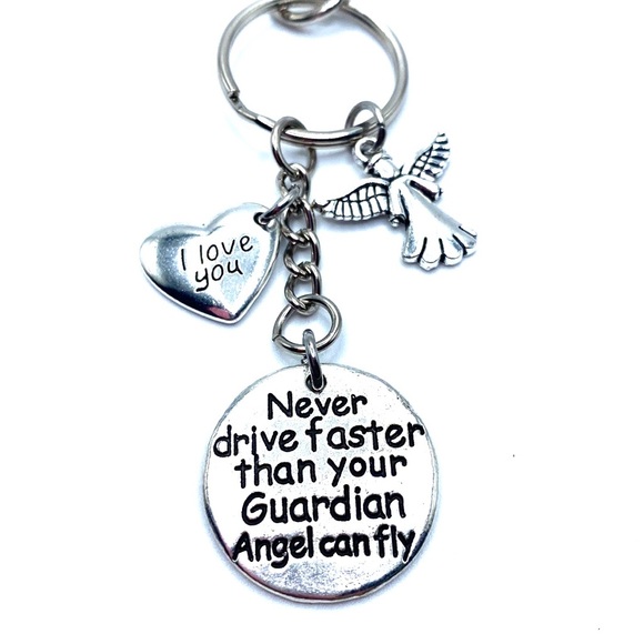 Never Drive Faster Than Your Guardian Angel Can Fly Keychain Bag Charm - Picture 3 of 7